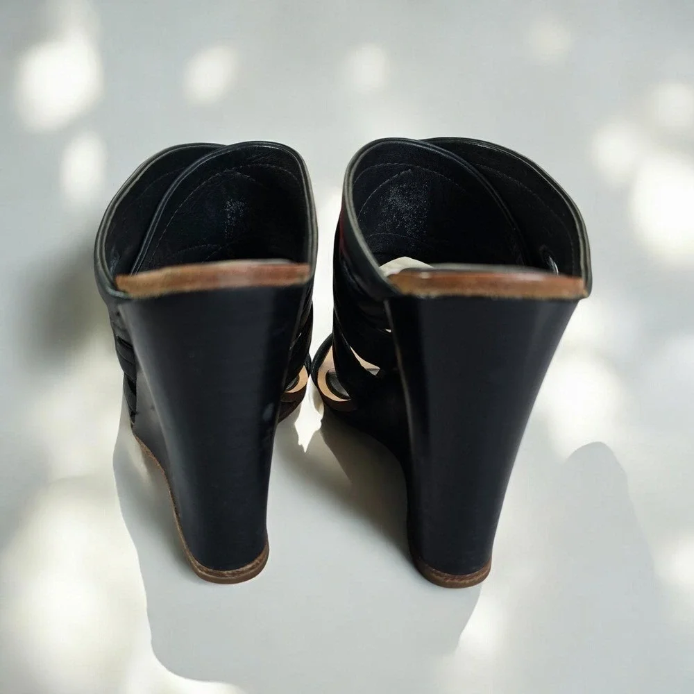 Rag Bone‎ New York Black Leather Crossover Wedge Mules Made in Italy Woman 7 US